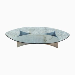 Italian Brutalist Coffee Table with Steel Base and Glass Top, 1970s-VCV-1383582