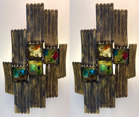 Italian Brutalist Gilt Metal and Glass Sconces, 1970s, Set of 2-FUE-1128611