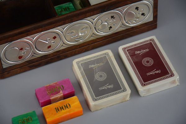 Italian Burl Walnut, Silver and Enamel Poker Set from Ottaviani Studio, 1980s-IEI-2033860