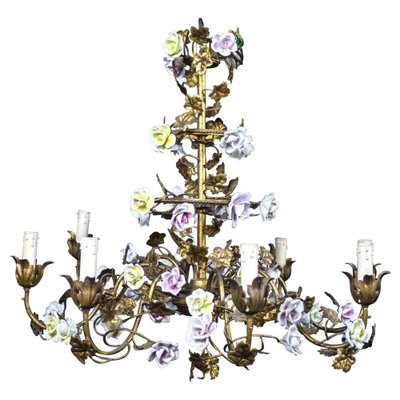 Italian Cage Form Chandelier with Porcelain Flowers-MBH-1066508