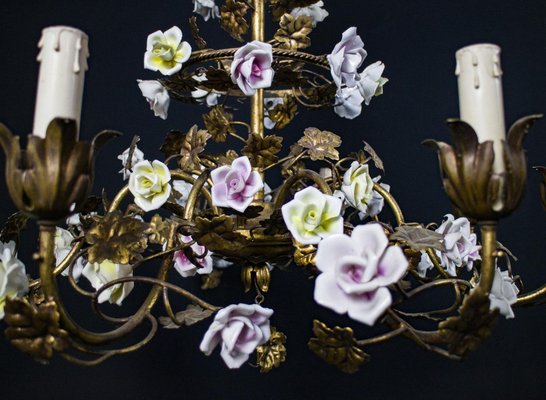 Italian Cage Form Chandelier with Porcelain Flowers-MBH-1066508