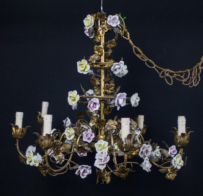 Italian Cage Form Chandelier with Porcelain Flowers-MBH-1066508