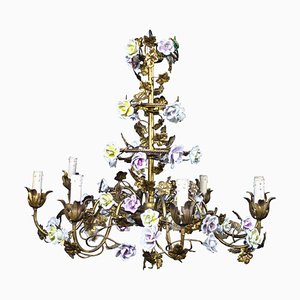 Italian Cage Form Chandelier with Porcelain Flowers-MBH-1066508