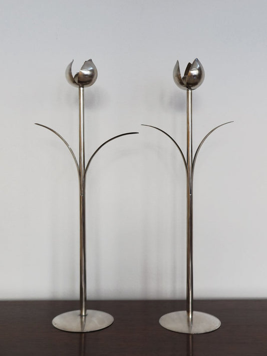 Italian Candleholders in Silver Metal from Mesa, 1970s, Set of 2