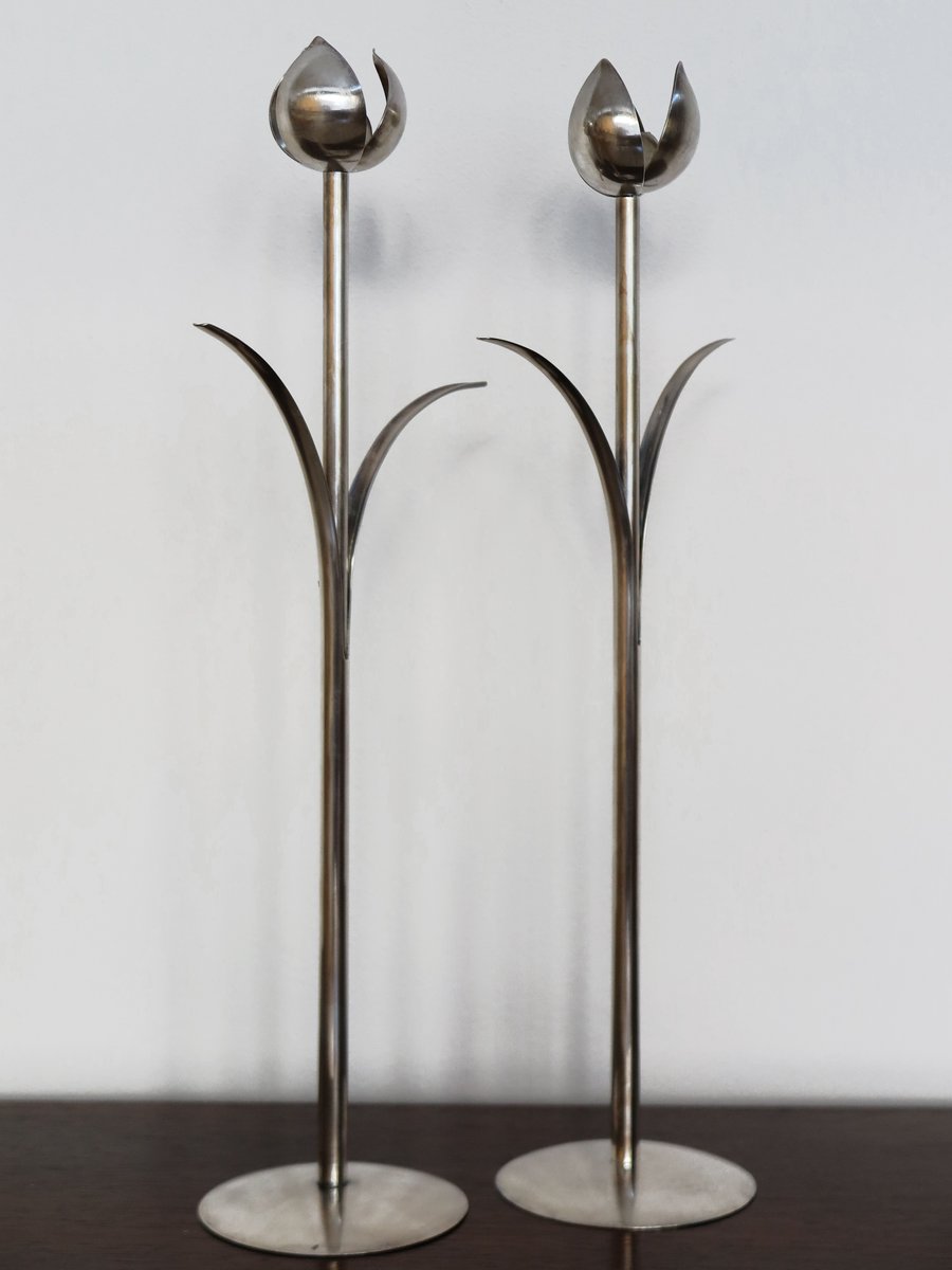 Italian Candleholders in Silver Metal from Mesa, 1970s, Set of 2