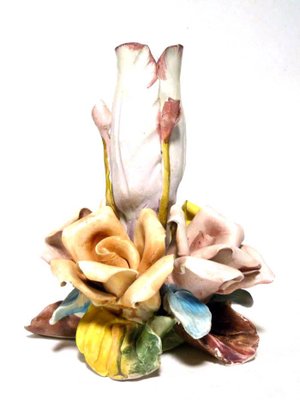 Italian Capodimonte Biscuit Porcelain Rose Flower Candleholder, 1950s-GKB-840769