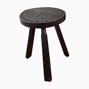 Italian Carved Wood Round Tripod Primitive Farm Milking Stool, 1960s-EUP-876727