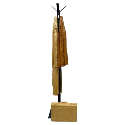 Italian Carved Wood Sculpture of Raincoat and Jacket on Metal Coat Rack, 1990s-UCH-1722863