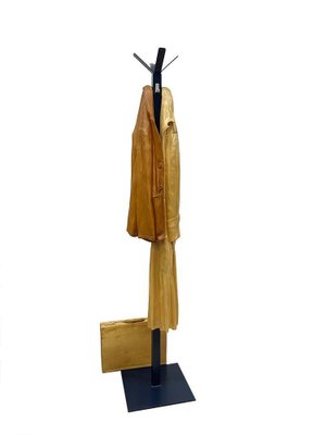 Italian Carved Wood Sculpture of Raincoat and Jacket on Metal Coat Rack, 1990s-UCH-1722863