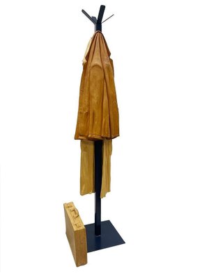 Italian Carved Wood Sculpture of Raincoat and Jacket on Metal Coat Rack, 1990s-UCH-1722863