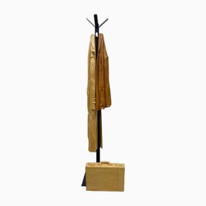 Italian Carved Wood Sculpture of Raincoat and Jacket on Metal Coat Rack, 1990s-UCH-1722863