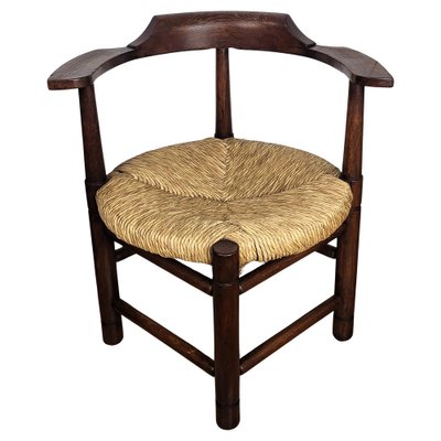 Italian Carved Wooden and Straw Armrest Tub Corner Chair, 1970s-EUP-2039445