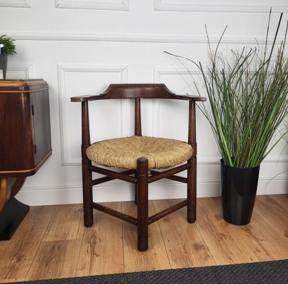 Italian Carved Wooden and Straw Armrest Tub Corner Chair, 1970s-EUP-2039445