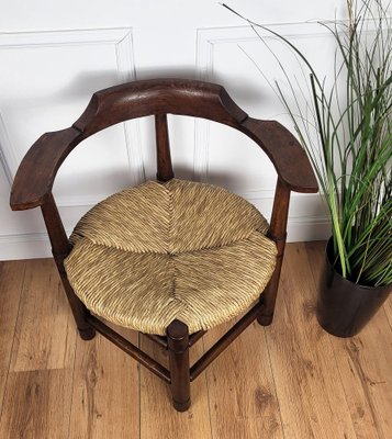 Italian Carved Wooden and Straw Armrest Tub Corner Chair, 1970s-EUP-2039445