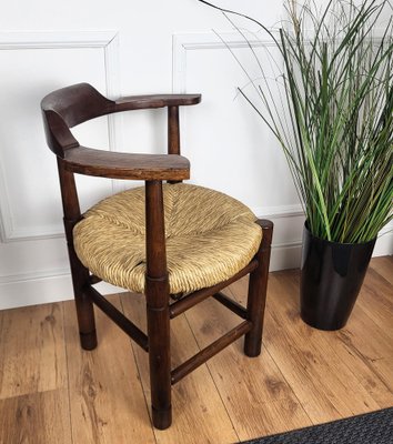 Italian Carved Wooden and Straw Armrest Tub Corner Chair, 1970s-EUP-2039445