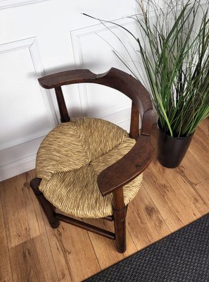 Italian Carved Wooden and Straw Armrest Tub Corner Chair, 1970s-EUP-2039445