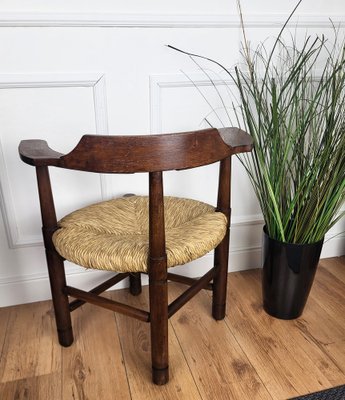 Italian Carved Wooden and Straw Armrest Tub Corner Chair, 1970s-EUP-2039445