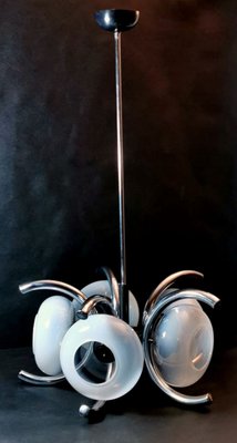 Italian Ceiling Lamp with 5 Flattened Spheres in Opaline Glass and Steel, 1970s-QRS-689299