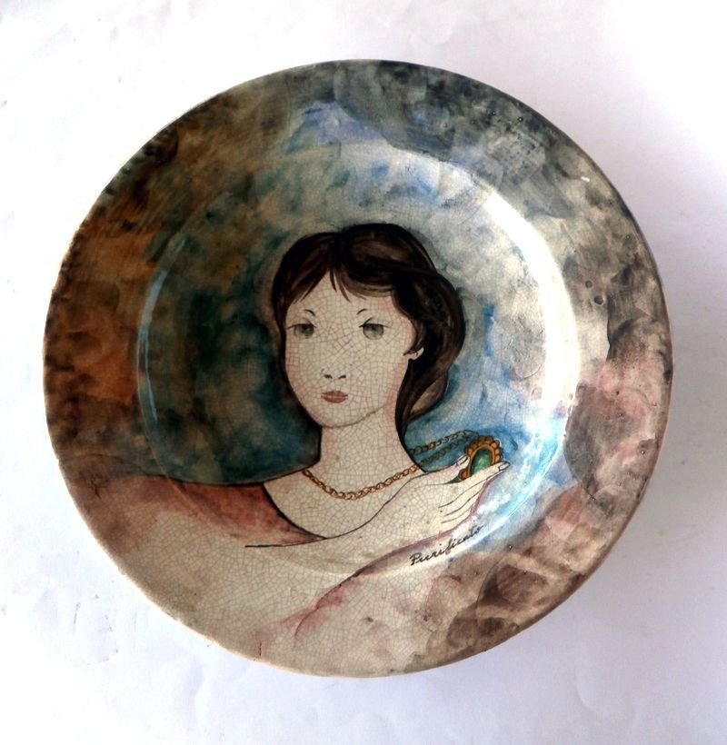 Italian Ceramic Art Pottery Plate by Domenico Purificato for Rossicone, 1980s