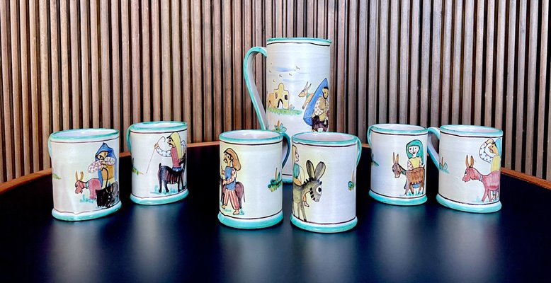 Italian Ceramic Mugs & Pitcher Tea Service with Hand-Painted Rural Image Motifs by Andrea Darienzo for Vietri, 1950s, Set of 7-JP-1720813