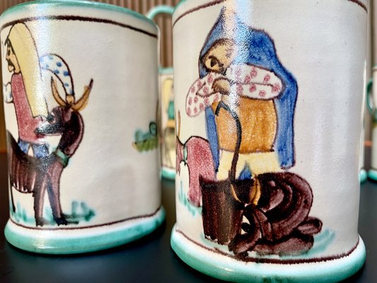 Italian Ceramic Mugs & Pitcher Tea Service with Hand-Painted Rural Image Motifs by Andrea Darienzo for Vietri, 1950s, Set of 7-JP-1720813