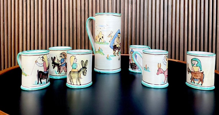 Italian Ceramic Mugs & Pitcher Tea Service with Hand-Painted Rural Image Motifs by Andrea Darienzo for Vietri, 1950s, Set of 7-JP-1720813