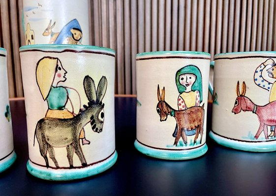 Italian Ceramic Mugs & Pitcher Tea Service with Hand-Painted Rural Image Motifs by Andrea Darienzo for Vietri, 1950s, Set of 7-JP-1720813