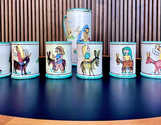 Italian Ceramic Mugs & Pitcher Tea Service with Hand-Painted Rural Image Motifs by Andrea Darienzo for Vietri, 1950s, Set of 7-JP-1720813