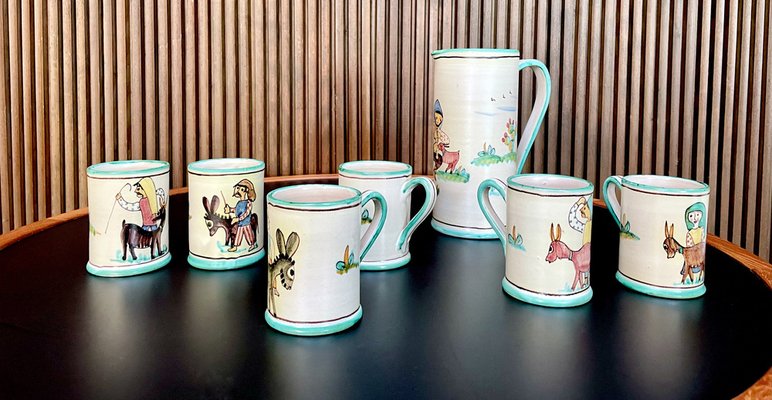 Italian Ceramic Mugs & Pitcher Tea Service with Hand-Painted Rural Image Motifs by Andrea Darienzo for Vietri, 1950s, Set of 7-JP-1720813