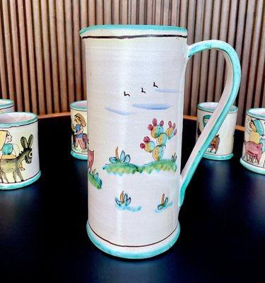 Italian Ceramic Mugs & Pitcher Tea Service with Hand-Painted Rural Image Motifs by Andrea Darienzo for Vietri, 1950s, Set of 7-JP-1720813