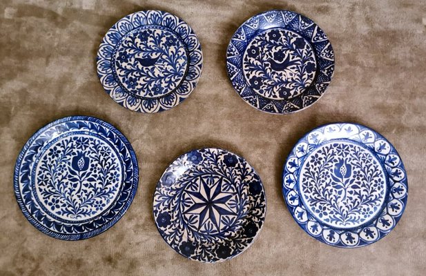 Italian Ceramic Plates with Cobalt Blue Decorations, Deruta, 1950s, Set of 5-QRS-1436254