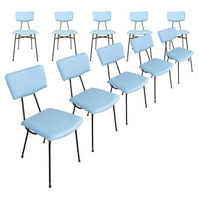 Italian Chairs in Blue Leatherette and Metalic Structure by Luigi Scremin, 1950, Set of 10-UZ-1270586