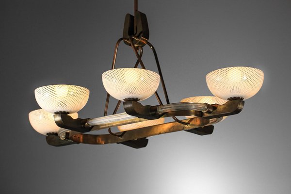 Italian Chandelier in Brass and Filigree Murano Glass, 1950s-YU-1800683