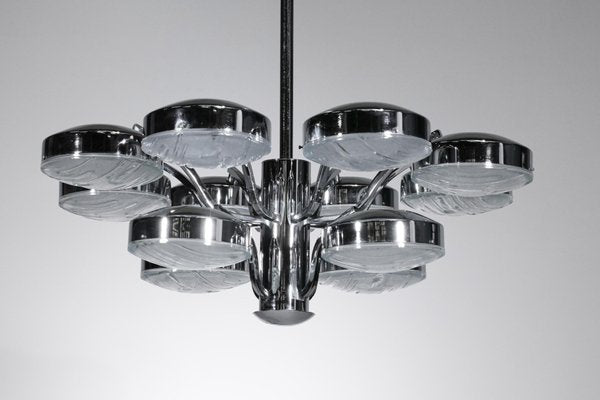 Italian Chandelier in Chrome Plated Metal with Glass Tiles by Gaetano Sciolari, 1970s-YU-1312229