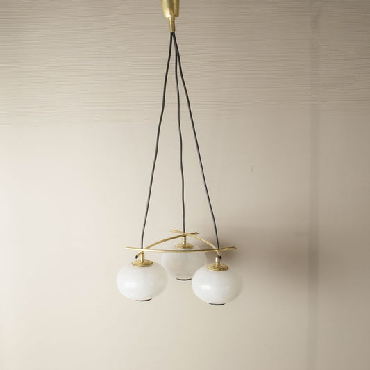 Italian Chandelier with Satin Glass Spheres in Brass Structure, 1950s