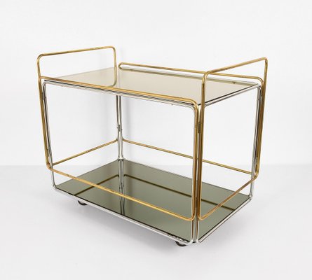 Italian Chrome Brass Smoked Glass and Mirror Bar Cart/Serving Table, 1970s-JDR-1126222