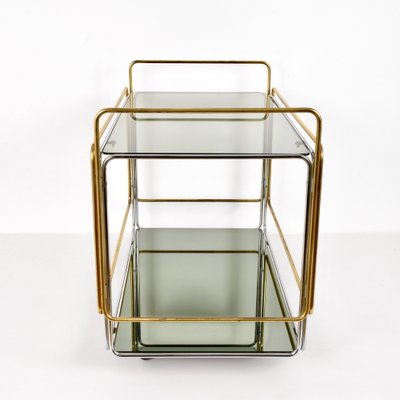 Italian Chrome Brass Smoked Glass and Mirror Bar Cart/Serving Table, 1970s-JDR-1126222