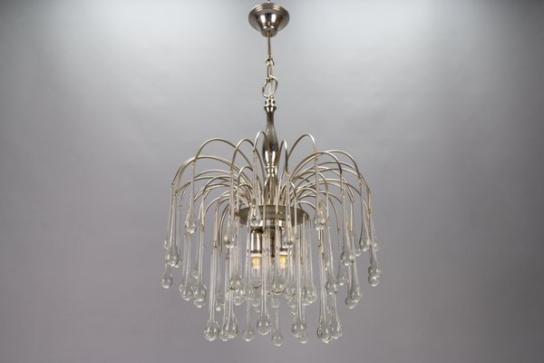 Italian Clear Murano Glass and Chromed Brass Three-Light Waterfall Chandelier, 1970s-KEG-1718795