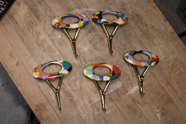 Italian Coat Hangers in Brass & Colored Plastic, 1950s, Set of 5-EH-1318633