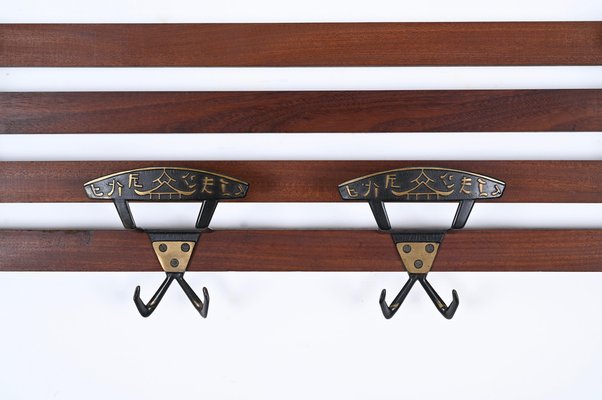 Italian Coat Rack in Teak, Brass and Black Enameled Iron, Italy, 1960s-JDR-1750900