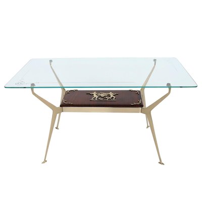 Italian Coffee Table in Brass and Mahogany, 1950s-VNE-966015