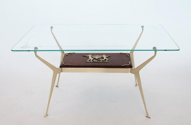 Italian Coffee Table in Brass and Mahogany, 1950s-VNE-966015