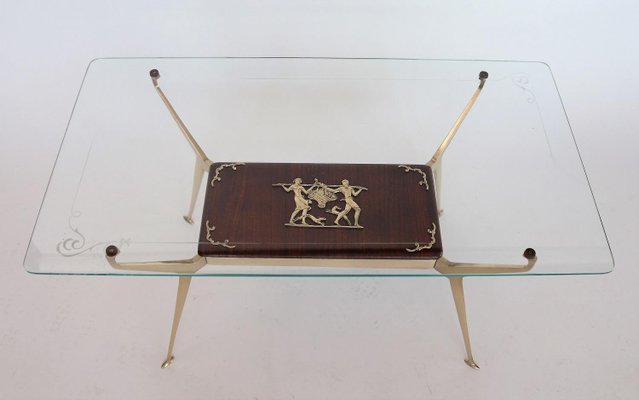 Italian Coffee Table in Brass and Mahogany, 1950s-VNE-966015