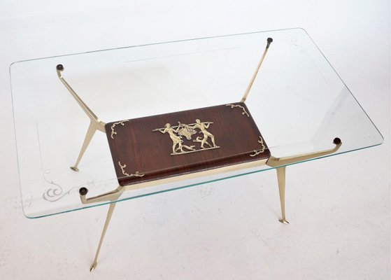 Italian Coffee Table in Brass and Mahogany, 1950s-VNE-966015