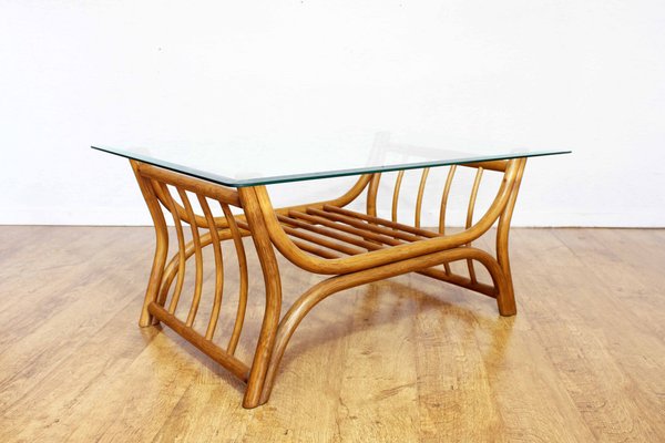 Italian Coffee Table in Glass and Rattan, 1970s-BQF-1802152