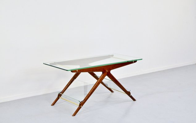 Italian Coffee Table in Wood, Brass and Glass by Cesare Lacca, 1960s-DUG-2041227