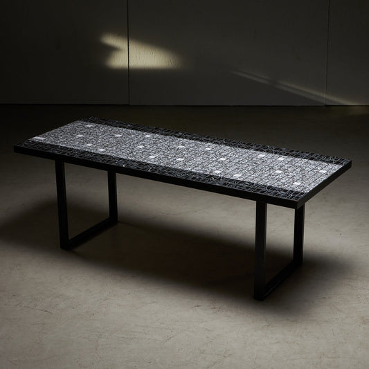 Italian Coffee Table on Flat Black Metal Frame, Black and White Mosaic Top, 1980s