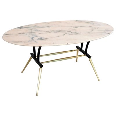 Italian Coffee Table with Pink and Grey Marble and Brass Feet, 1950s-VNE-966132