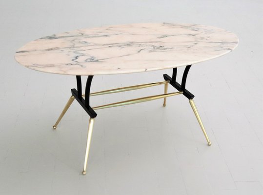 Italian Coffee Table with Pink and Grey Marble and Brass Feet, 1950s-VNE-966132