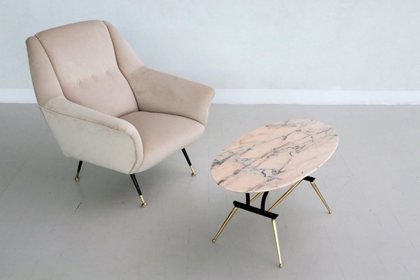 Italian Coffee Table with Pink and Grey Marble and Brass Feet, 1950s-VNE-966132